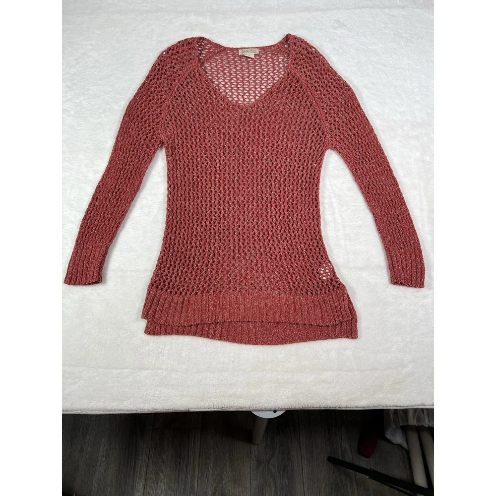 Lucky Brand Womens M Rust Terracotta Open Knit‎ Crochet V-Neck Sweater Pullover